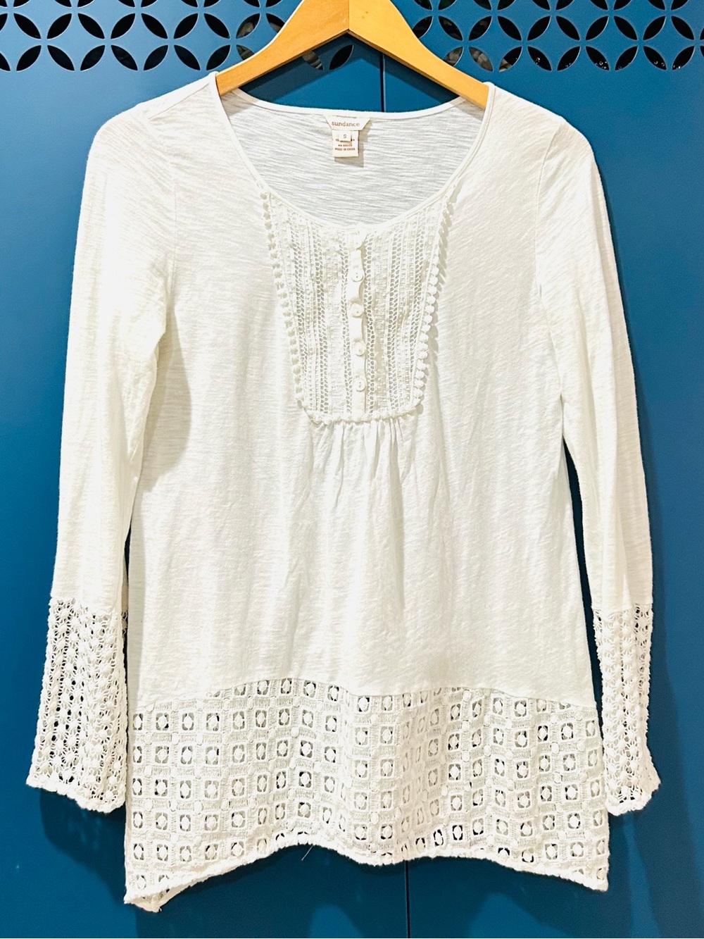 Sundance White Lace Embroidered Peasant Henley Top Boho Romantic Cottage Size S